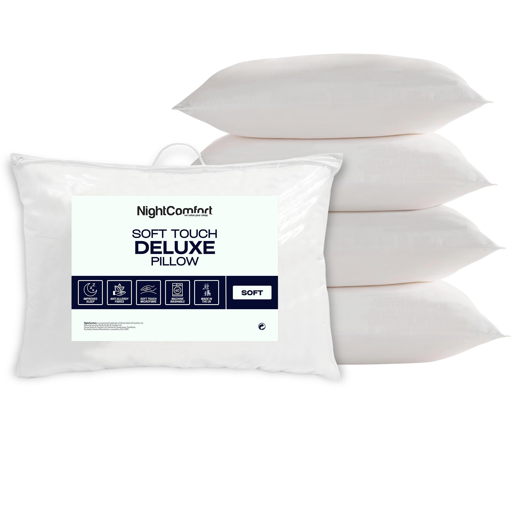 Night Comfort Deluxe Feels Like Down Anti-Allergy White Pillow Pack of 4 - Soft Touch Hypoallergenic Soft Support Pillows for Stomach Sleepers Filled with Bouncy Hollowfibre (46cm x 74cm)