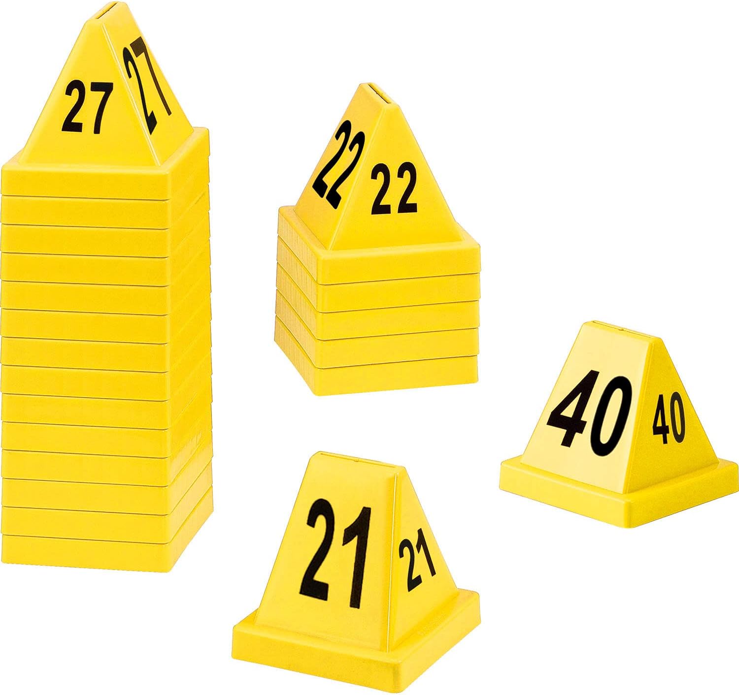 Global Industrial Numbered Pallet Control Cones, Four-Sided, Numbers 21-40, High-Impact Plastic Construction, 4-1/2"L x 4-1/2"W x 4-3/8"H, Yellow, 20 Pack