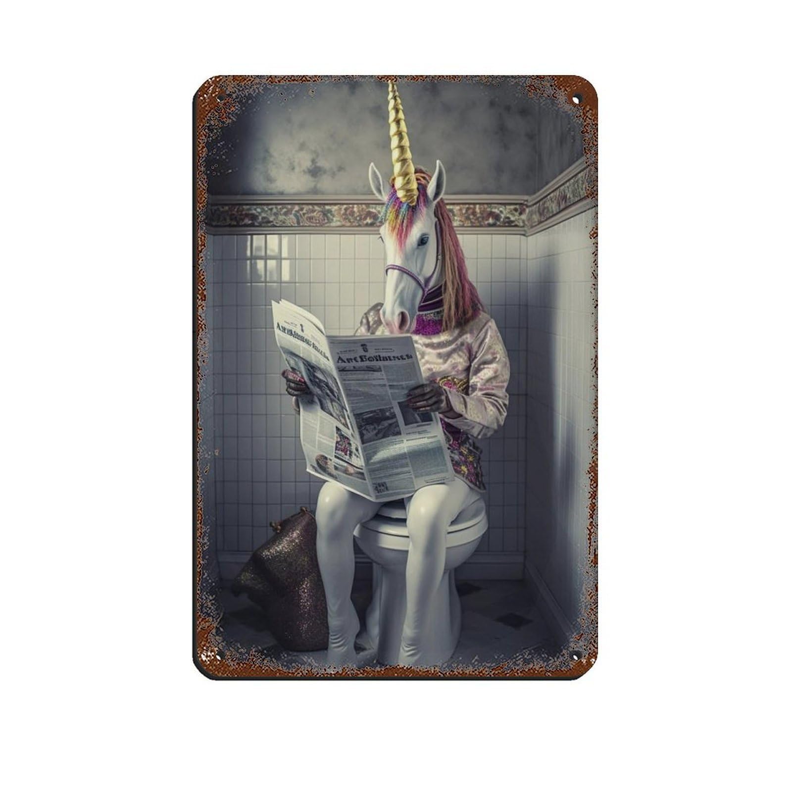 Unicorn Sitting on The Toilet Reading A Newspaper (2) Tin Sign Vintage Metal Pub Club Cafe Bar Home Wall Art Decoration Poster Retro 8x12inch(20x30cm)