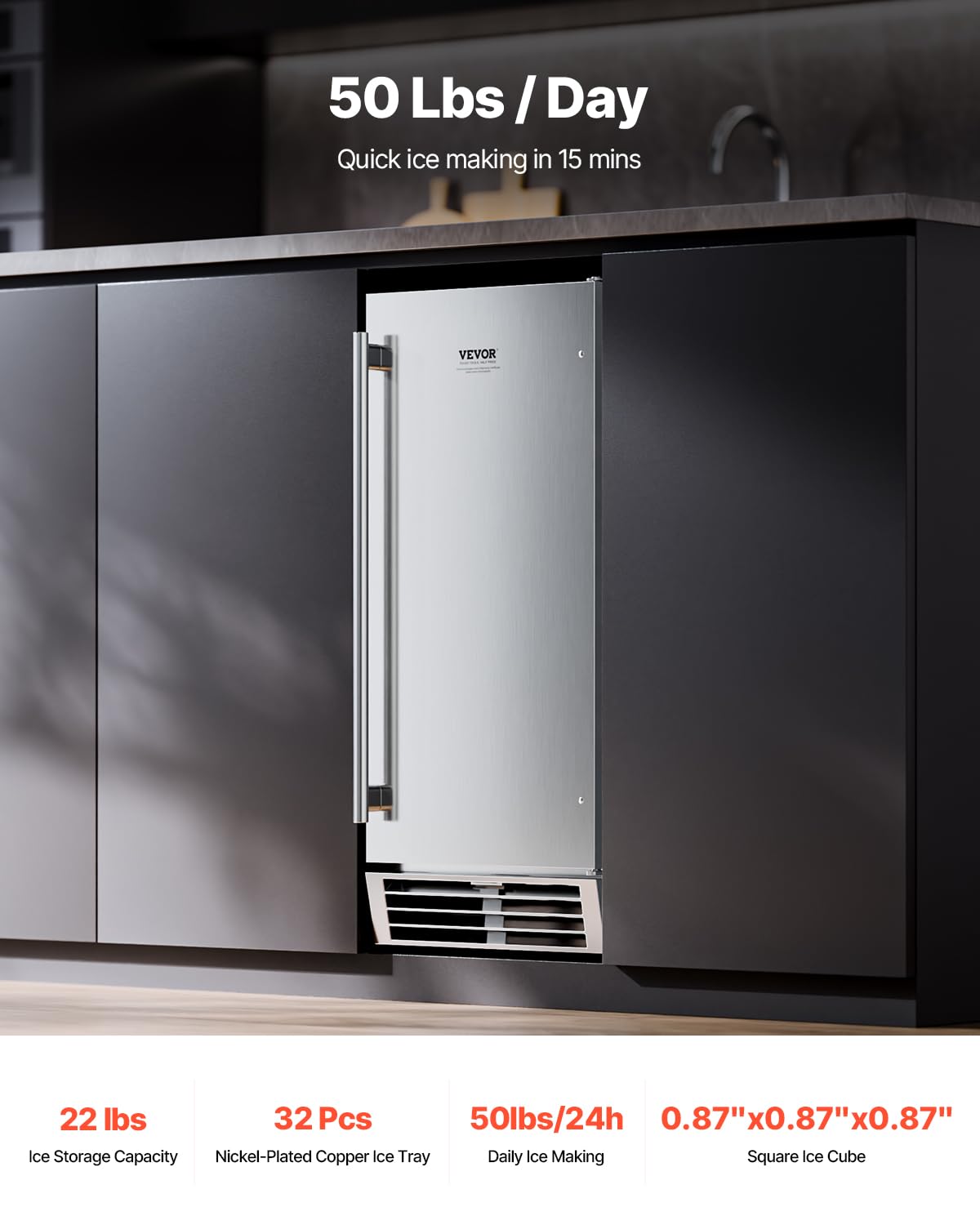 VEVOR Under Counter Ice Maker Machine, 50 Lbs/Day Built in Undercounter Ice Maker with Reversible Door, Stainless Steel, Freestanding Ice Make for Restaurant, Outdoor Kitchen, Terrace, Pool on Fridge.com