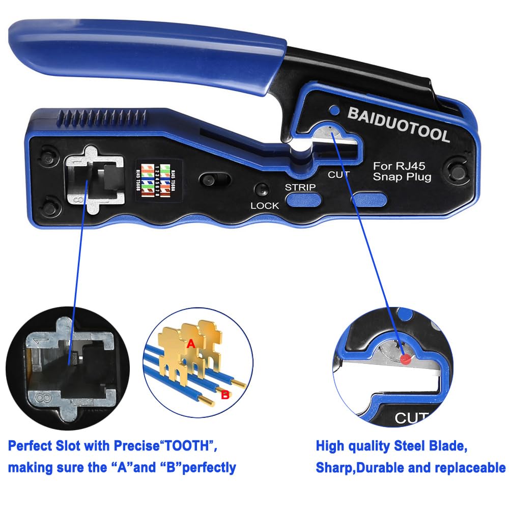 Kit di crimpatura RJ45 con pinza crimpatrice passante per Cat5, Cat5e, Cat6, Cat6a, 8P8C, connettore modulare All-In-One Cat6, crimpatrice e tester (batteria da 9 V non inclusa)