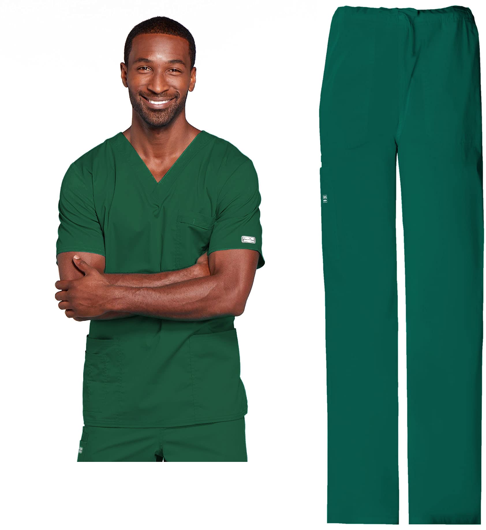 Cherokee Scrub Set for Men or Women, Traditional Fit 4 Pocket V-Neck Top 4725 with 5 Pocket Natural Rise Cargo Pant 4043