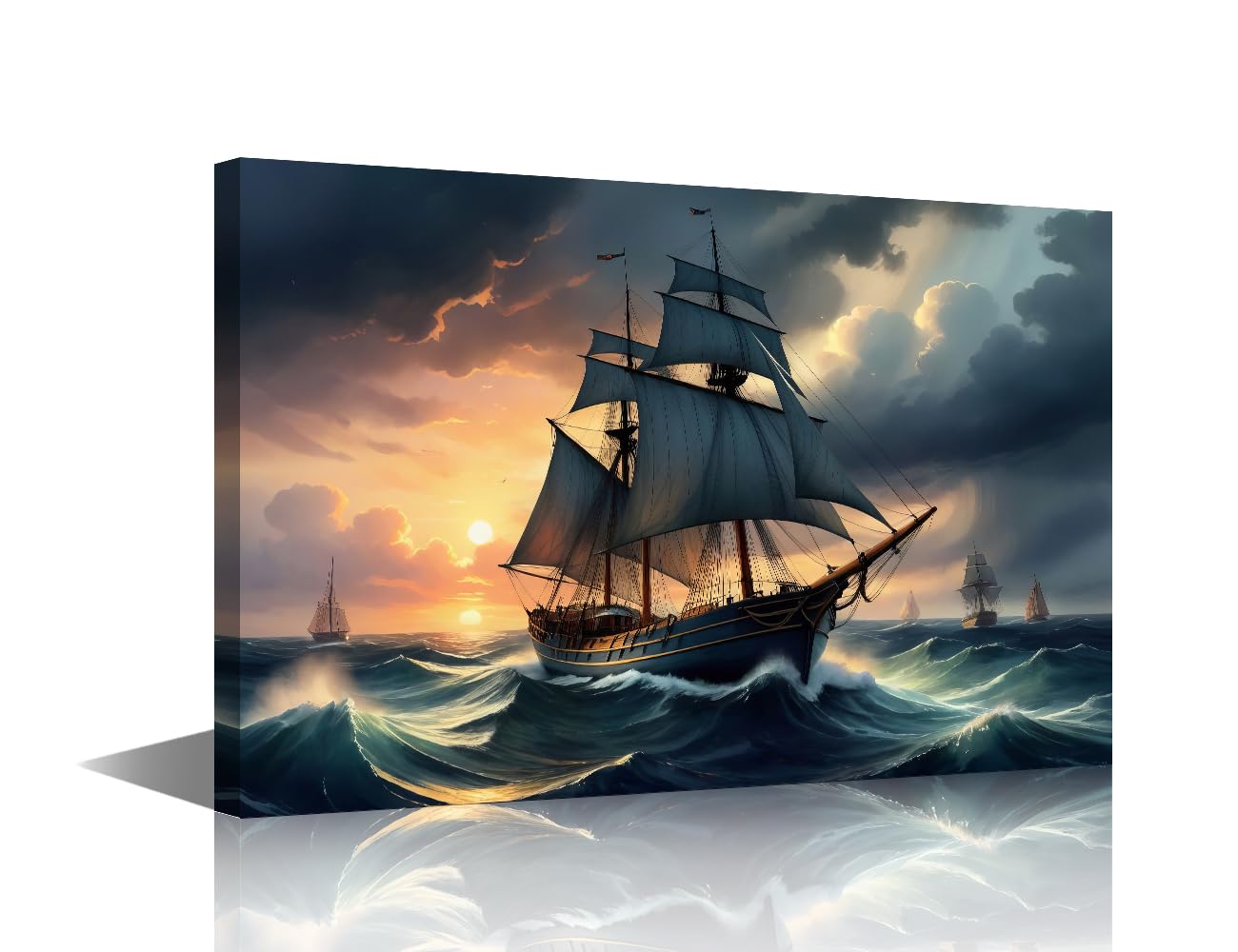 TISHIRON Wall Art Decor Painting on Canvas Pirate Ship Nautical Pictures for Home Walls Wooden Ship Illustration Office Wall Art Framed Modern Artwork for Living Room Bedroom Ready to Hang 18x12 in