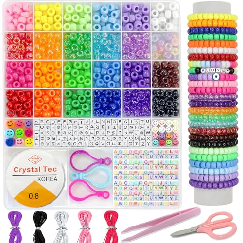 LYMOOR 1000 Pony Beads Abalorios Para Hacer Pulseras 24 colores, con Alfabetos de Colores, Para Hacer Collares, Pulseras, Hacer Pulseras Niñas Regalos