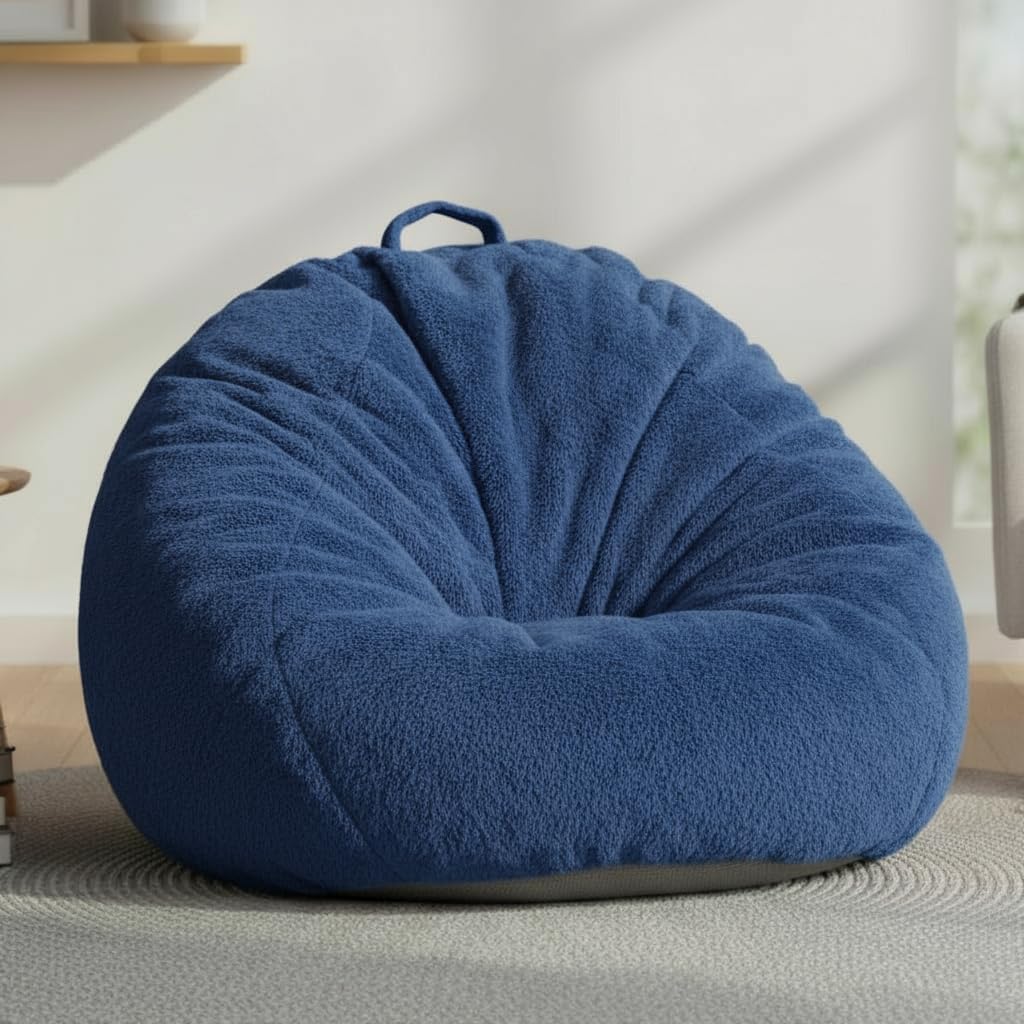 Faux Rabbit Fur Bean Bag Chair Cover Only (No Filler), Stuffed Animal Storage Bean Bag Cover, Ultra‑Soft, Washable, Zippered, Non‑Slip Bottom, Handle,Living Room Furniture for Adults Blue