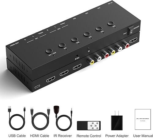 Vista 14 de Convertidor AV a HDMI de 4 puertos, conmutador AV a HDMI de 4 puertos con control remoto IR, compatible con 16:9/4:3 y interruptor rápido compatible