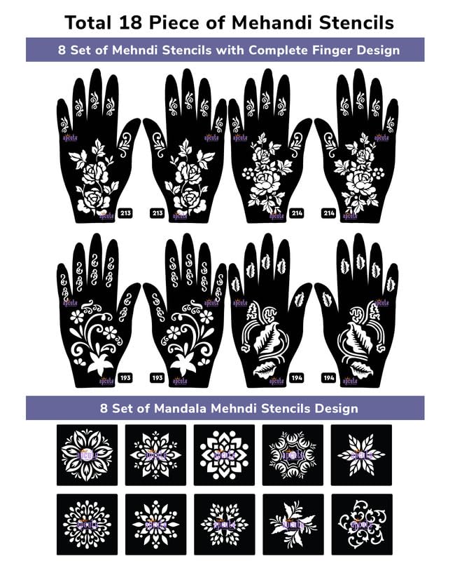 Apcute 18pc Combo Pack Mehandi Stencil Sticker, Stencil Henna Design, Tatoo Heena Mehndi Design Sticker for Women, Girls and Kids, Quick and Easy to use - 18PC-213-214-193-194 - Image 2
