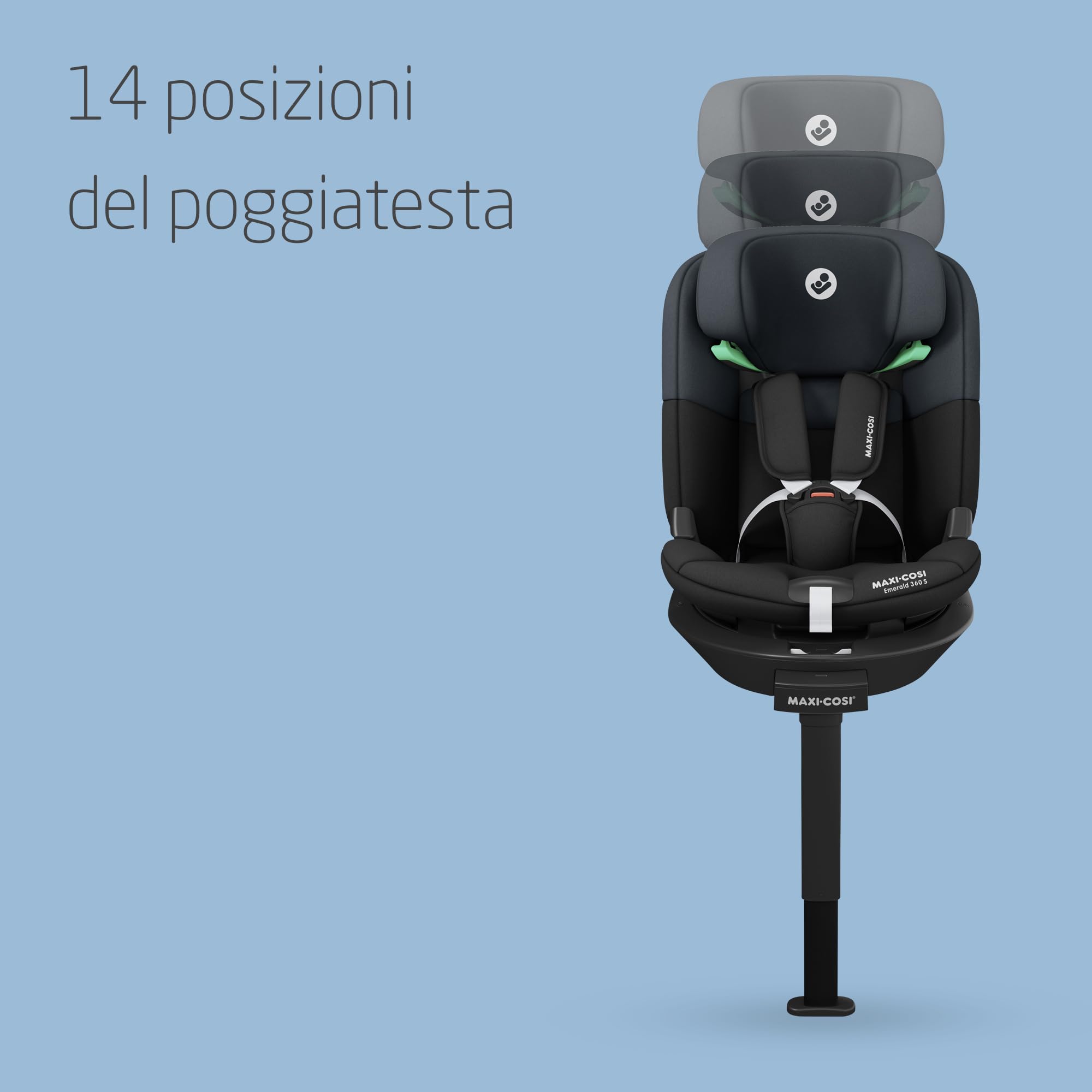 Maxi-Cosi Emerald 360 S i-Size, Seggiolino auto girevole 360, 0-12 anni (40-150 cm), Seggiolino auto neonato, 4 posizioni reclinate, Protezione dagli impatti laterali G-CELL, Tonal Black