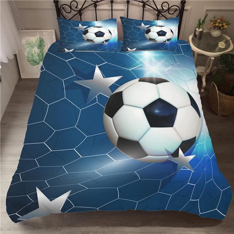 Parure de Lit 90x190 Enfant Football Bleu Housse de Couette 1 Personne Imprimée des Sports Housses de Couettes avec Fermeture Éclair en Microfibre et 1 Housse Couette...