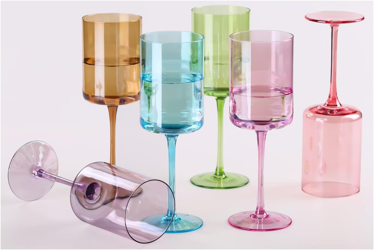 PhyskoaAdd Vibrant Charm to Your Celebrations with Set of 6 Colored Wine Glasses - 12oz Modern Cylinder Shape with Stem and Multicolor Design, Ideal Wedding Gift Packaging Included