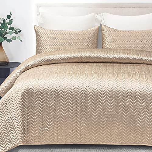 Whale Flotilla 3-Piece Silk Satin Quilt Set Queen Size, Reversible Lightweight Coverlet Bedspreads Bedding Set With Pillow Shams, Champagne #TOP7