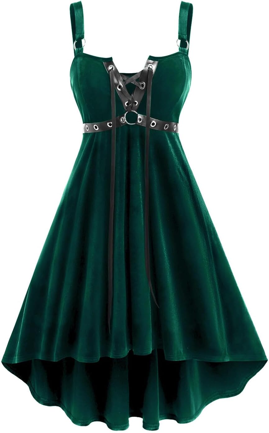 ROSE GAL Rosegal Gothic Lace Up Grommets High Low Velvet Midi Dress