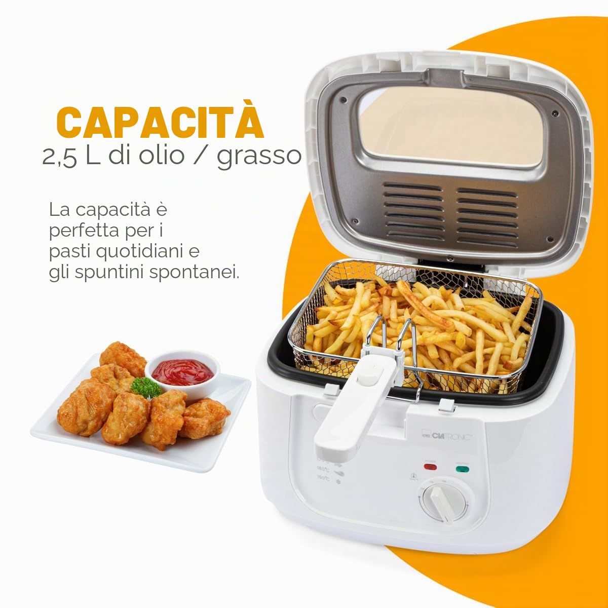 Friggitrice Clatronic | capacità 2,5L | friggitrice con grasso | filtro vapori odori e grassi | contenitore olio antiaderente | termostato a regolazione continua | con olio | FR 3771
