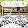 Waterproof Outdoor Rug 9x12ft, Boho Reversible Plastic Straw Mat for Patio RV Deck Porch Backyard Balcony Camping Picnic Beach Indoor Outdoor Carpet, Black&White