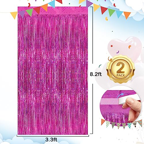 Image of Rose Pink Party Streamers 2 Pack Glitter Foil Fringe Curtain 3.3 x 8.3ft Pink Party Decor Photo Booth Streamers Metallic Tinsel Door Streamer for Christmas Baby Shower Halloween Decorations