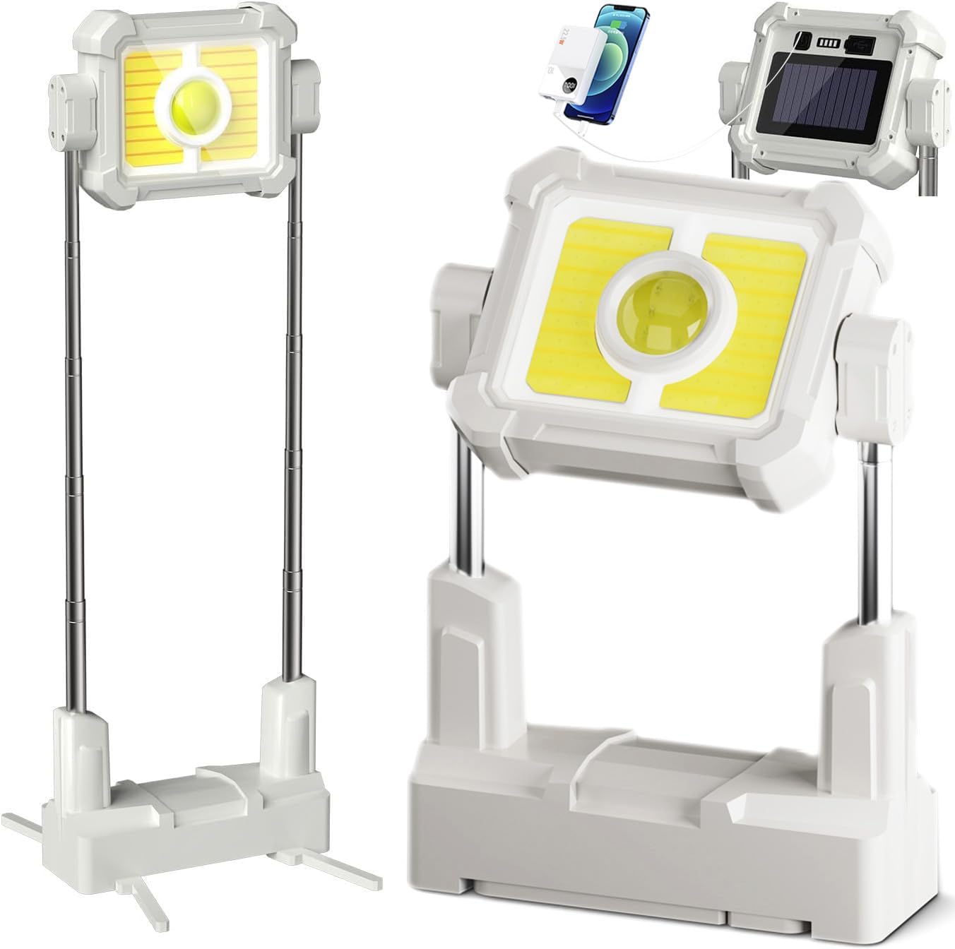 Solar Rechargeable LED Work Light with Stand, 10000 Lumen Tripod Work Light with Hook, 5 Modes Solar USB Charging Waterproof Emergency Light for Garage Camping Outdoor