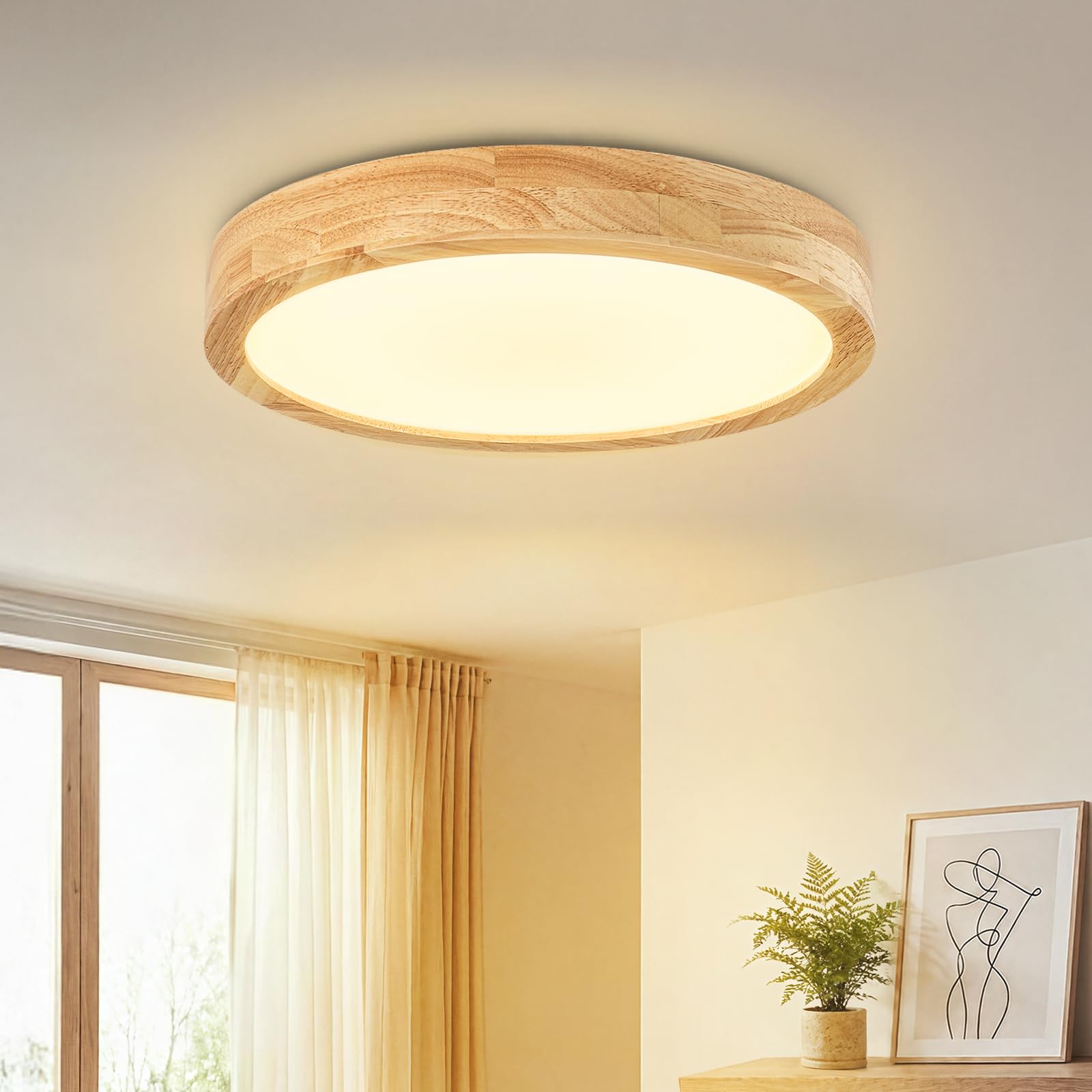Dehobo LED Deckenleuchte 24W Rund ∅ 30 cm, Moderne Deckenlampe Holz sandweiß, 3000K Warmweiß Ra>83 3100lm für Wohnzimmer, Schlafzimmer, Küche, Flur, Kinderzimmer