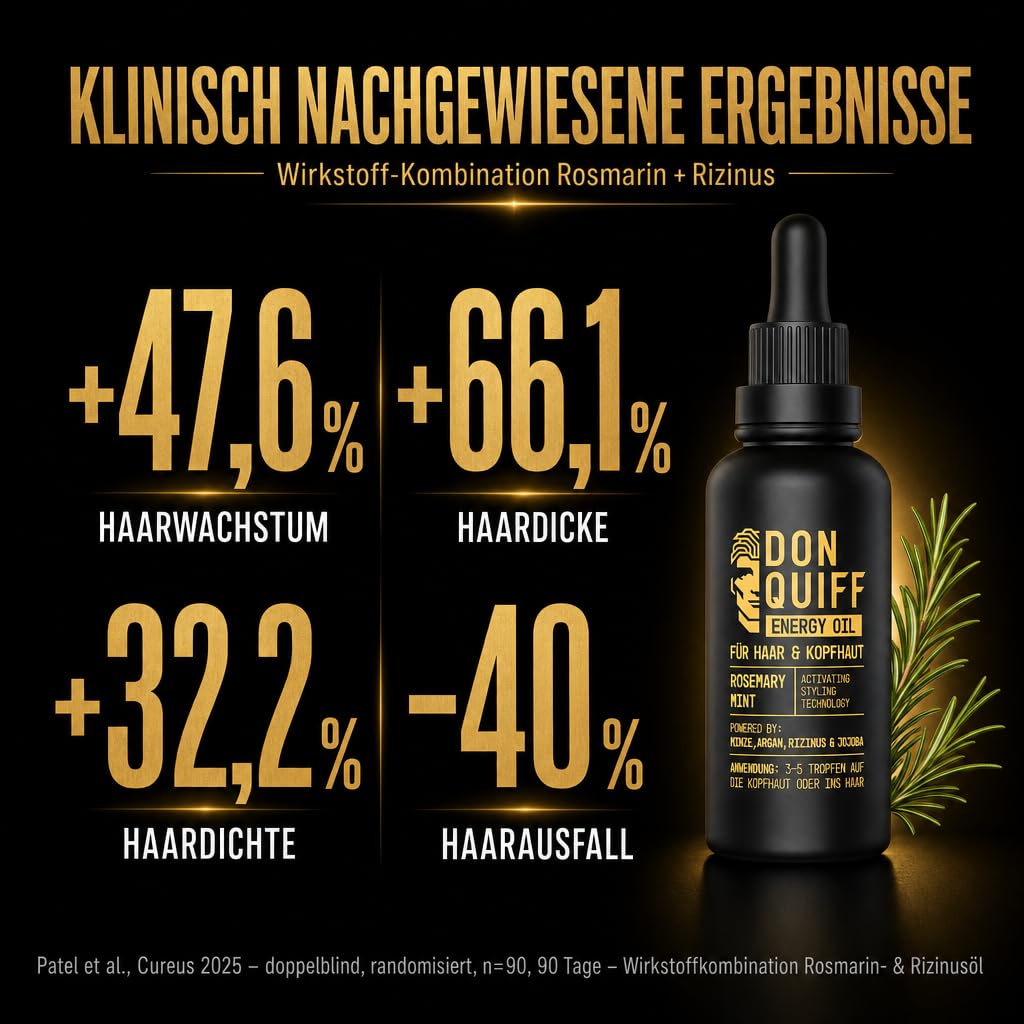 Don Quiff Energy Set – Energy Oil 50 ml + Energy Wax 80 ml – Kopfhautpflege für volleres Haar und Styling mit starkem Halt & mattem Finish – Rosmarinöl, Koffein & Biotin – Made in Germany