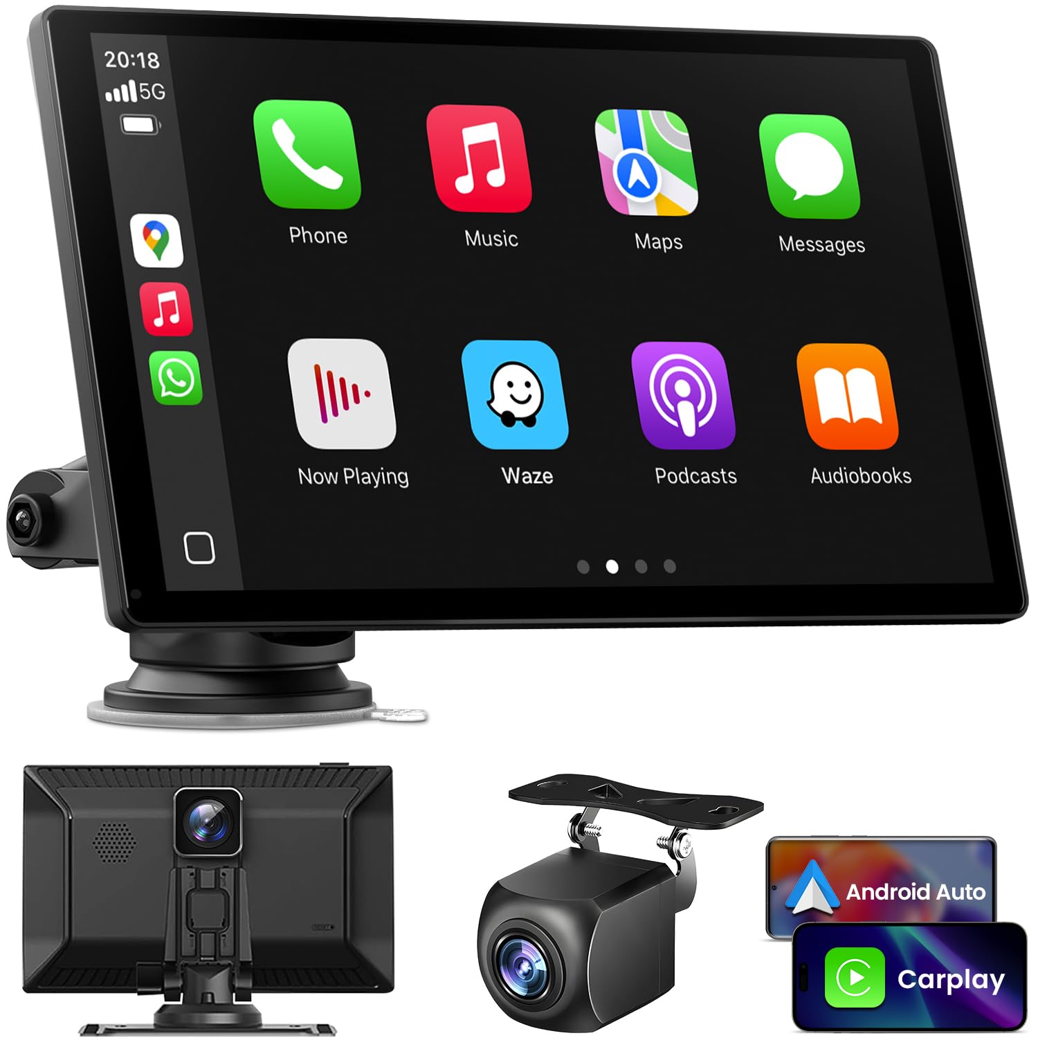 Wireless Carplay Screen for Car: CarPlay & Android Auto Portable Car Play Screen with 4K Dash Cam, 1080P Backup Camera, GPS Navigation/Mirror Link/AirPlay/Voice Control/Bluetooth - 9 Inch
