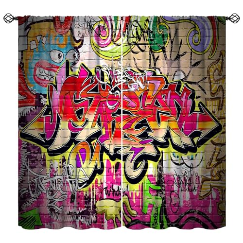 JADERYS Graffiti Blackout Curtains Abstract Art Street Wall Graffiti Cool Colorful Boys Teen Men Bedroom Living Room Bathroom Rod Pocket Decoration Window Drapes 2 Panels W21xL54in