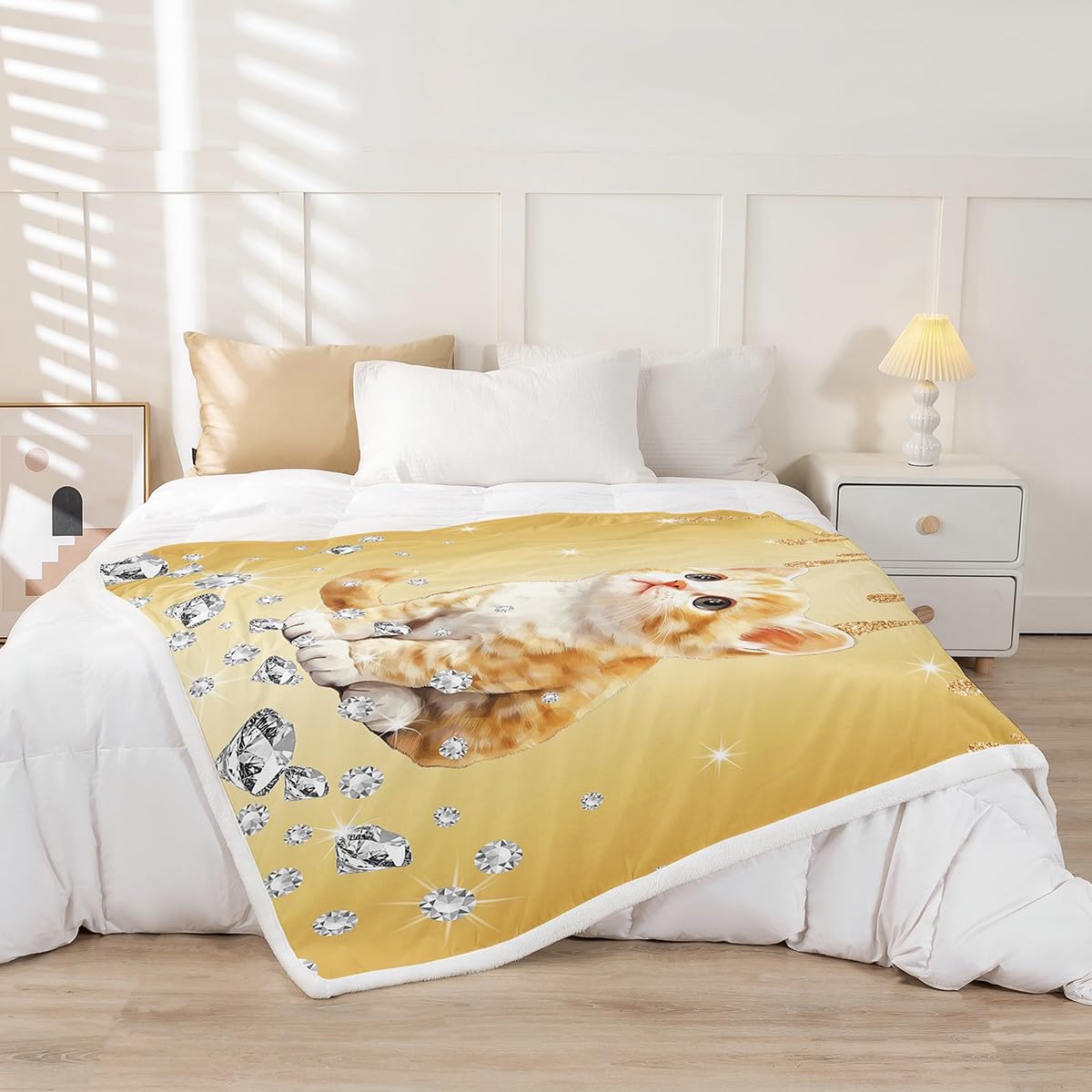 Castle Fairy Yellow Sequin Fluid Art Throw Blanket for Kids,Kawaii Kitten Pet Animals Fleece Throw Blanket for Bedroom Sofa Dorm Decor,Cat Lightweight Bed Blanket,40 x 50 Inches