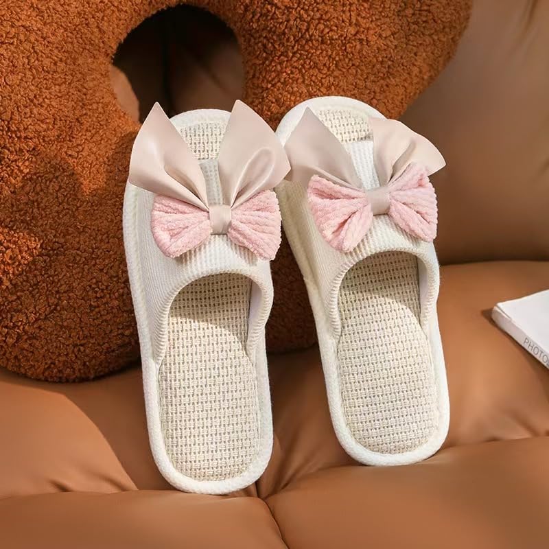 Bowknot Linen Slippers for Women, All-Season Non-Slip Indoor House Shoes, Stylish and Durable2
