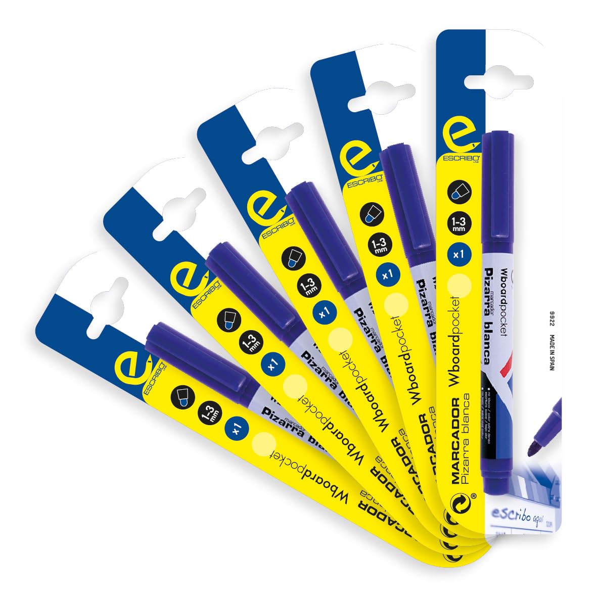ESCRIBO Wborard Pocket 5 Blisters of 1 Whiteboard Marker - Blue - Round Tip 1-3 mm. - Suitable for Children - Washable and Erasable Ink