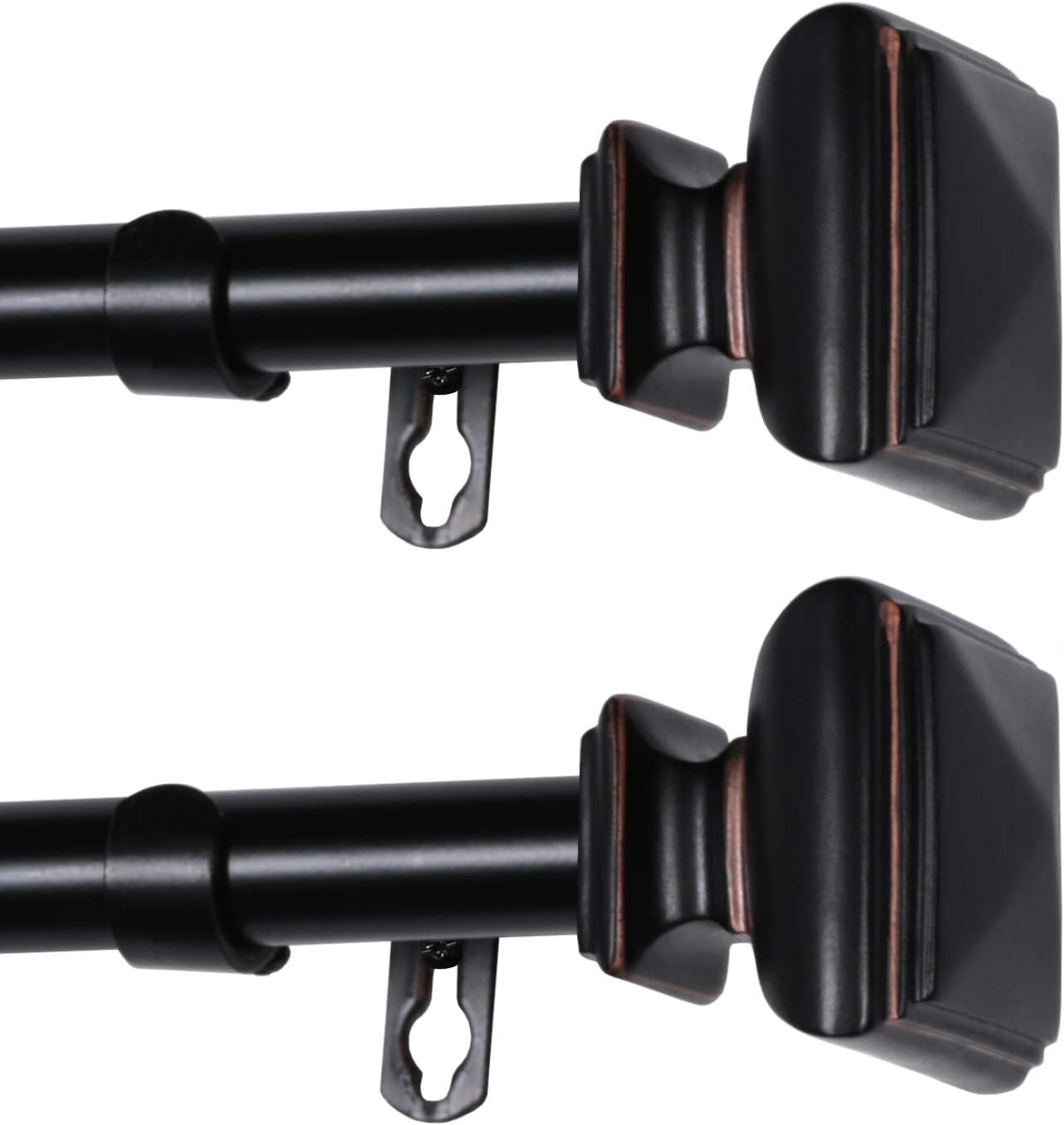 Turquoize 2 Pack Window Curtain Rods for Windows 28 to 48 Inches Adjustable Decorative 3/4 Inch Diameter Single Window Curtain Rods Two Set, West Square Classic Finials, Black with Antique Bronze: Home & Kitchen