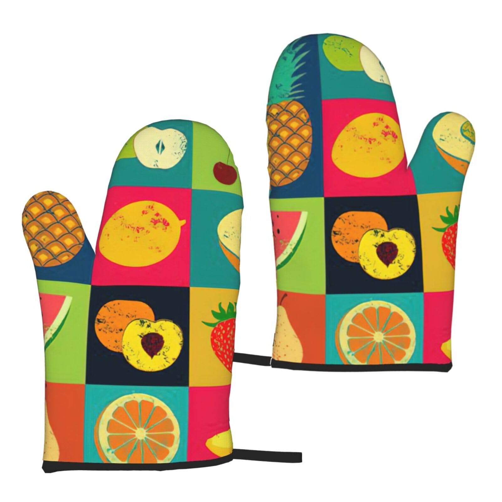Nimongt Women's Black Art Style Fruit Print Adults Universal Fit Heat Resistant Oven Gloves Reusable Cooking Outdoor Grilling