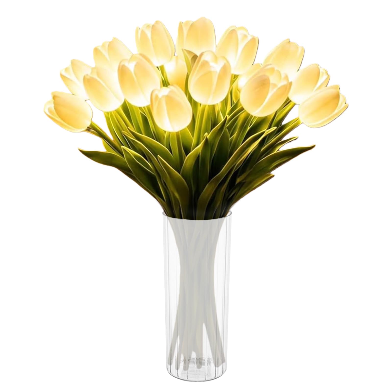 LED Lighted Artificial Flowers Tulip Lamp with Vase Real Touch Tulips Faux Flower Lights for Valentines Day Gift Easter Home Kitchen Wedding Dining Table Decor (White 15pcs)