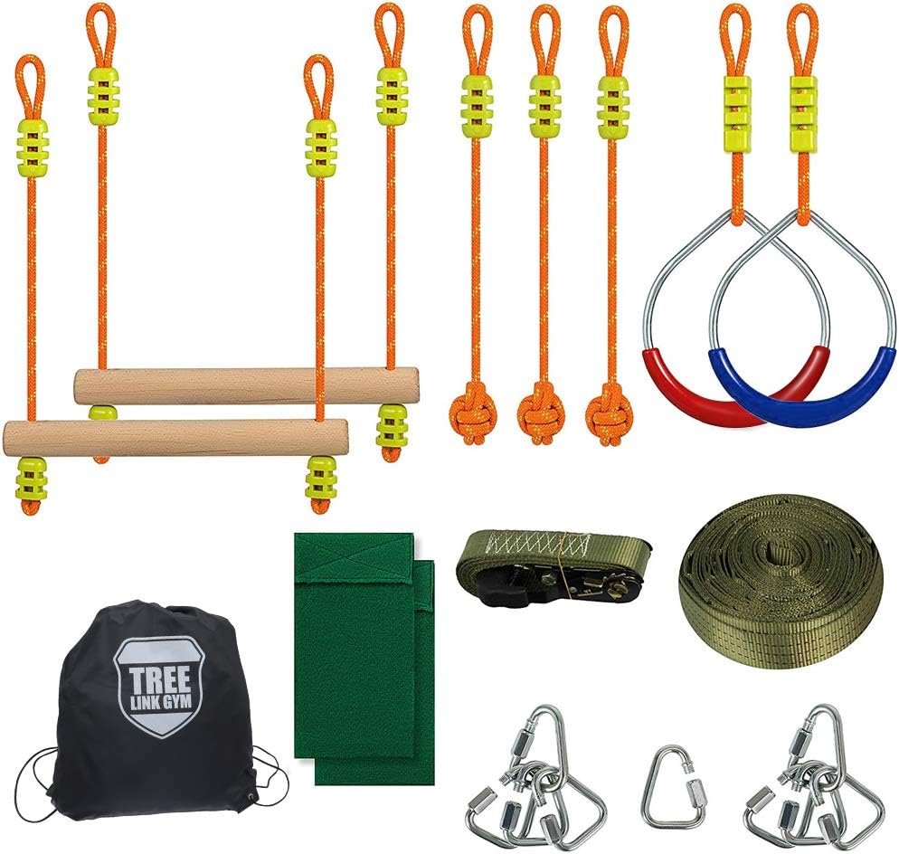 happypie 16m(52ft) Ninja Slackline for Warrior Obstacle Course Training Equipment with Monkeys Bars, Training Ring, Ninja Ball, Carry Bag and Tree Protector for Kids