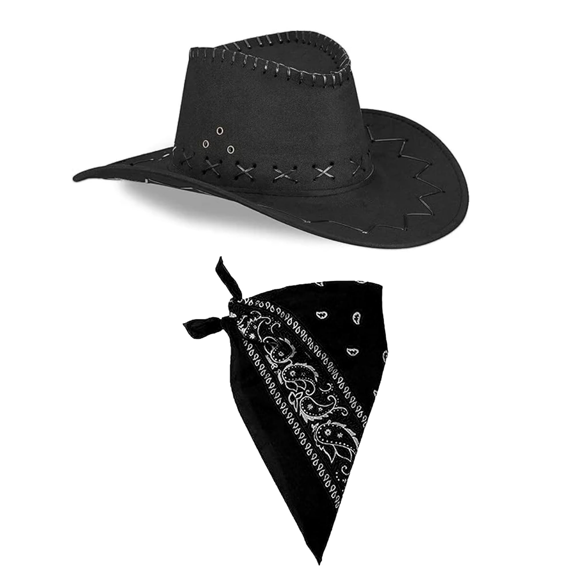 The Fancy Dress Cowboy Hat & Cowboy Neckscarf For Men & Women - Brown Leather Look Cowboy Wild West Western Sheriff Costume Accessory, Black Hat, Black bandana