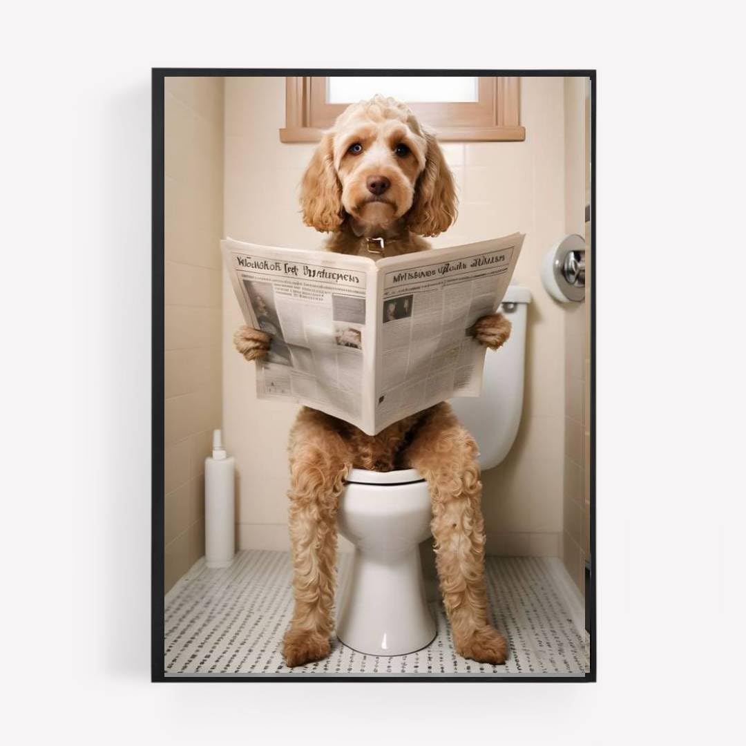 gfc Funny Bathroom Toilet animal Print Picture Poster cockapoo cavapoo dog on a toilet reading newspaper A4 UNFRAMED wall art Home decor Decorating