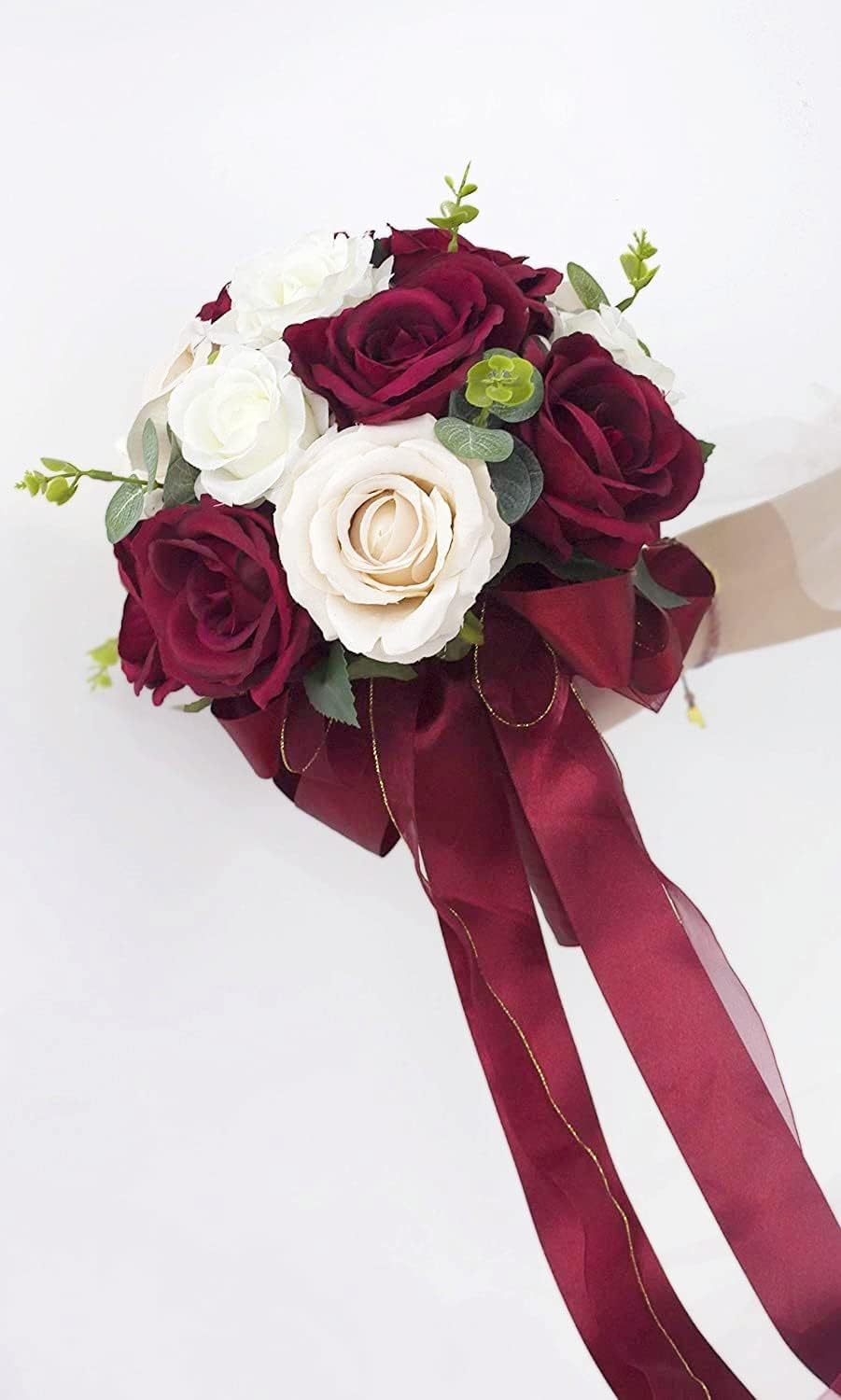 Abbie Home 9 inches Burgundy & White Artificial Wedding Bridal Bouquet Blooming Real Touch Rose Wedding Tossing Bouquet for Wedding Ceremony Anniversary Bridal Shower Decor (Bouquet)