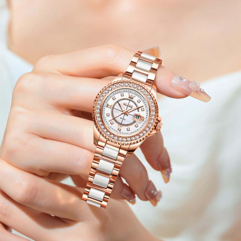 OLEVS Orologi automatici per le signore delle signore dell'oro e dell'argento dell'acciaio inossidabile impermeabile della data degli orologi di lusso del vestito classico stile