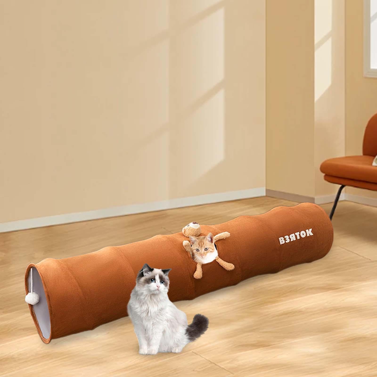 para Gatos, Tubo de Juego, Plegable, Longitud 120 Cm, Diámetro 25 Cm, Juguete para Mascotas con Pelota para Conejos, Gatitos Y Animal, MARRÓN