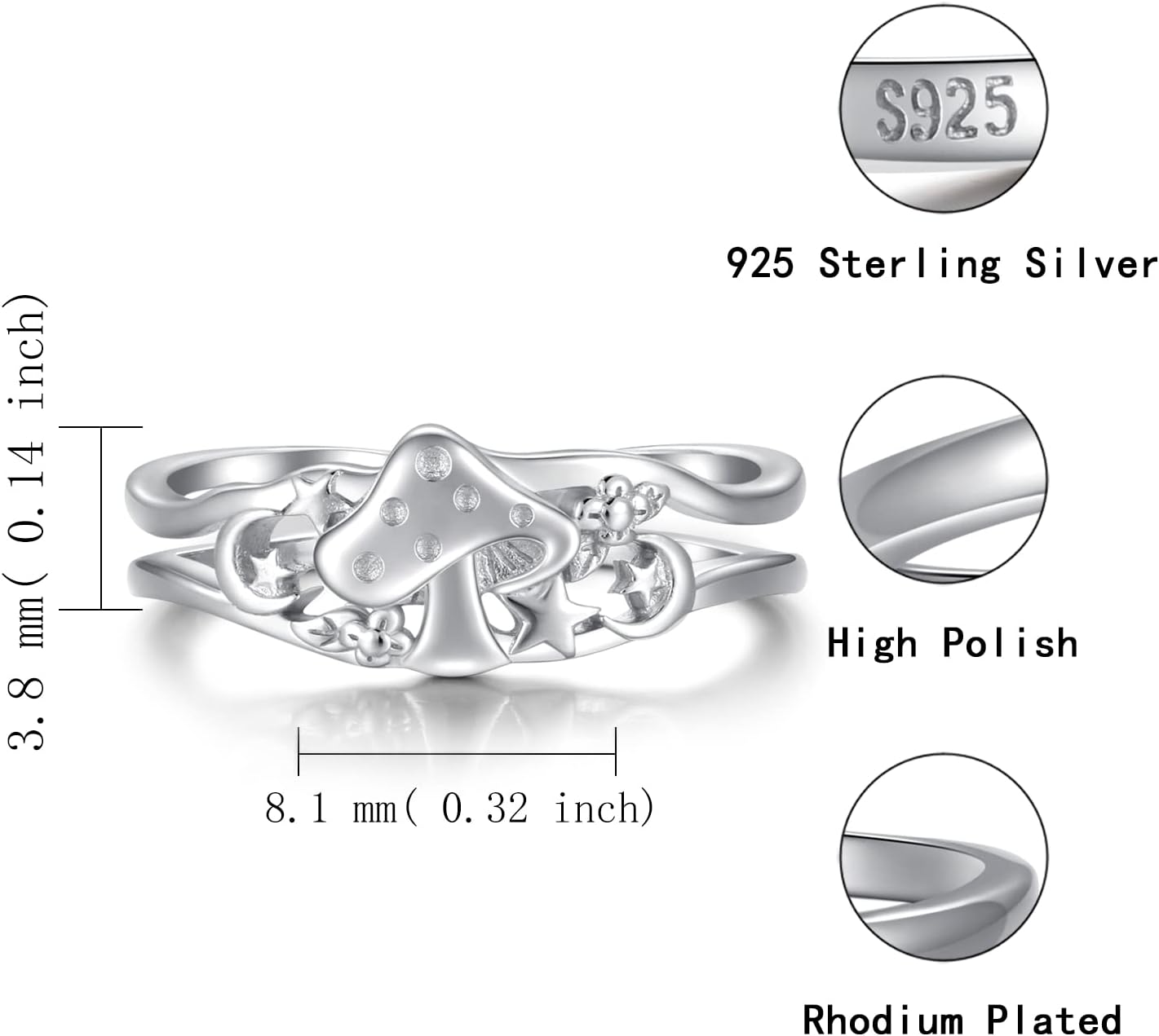 Sariel Cute Mushroom Gifts for Women - 925 Sterling Silver Magical Mushroom Ring with Moon and Star Gifts - Image 5