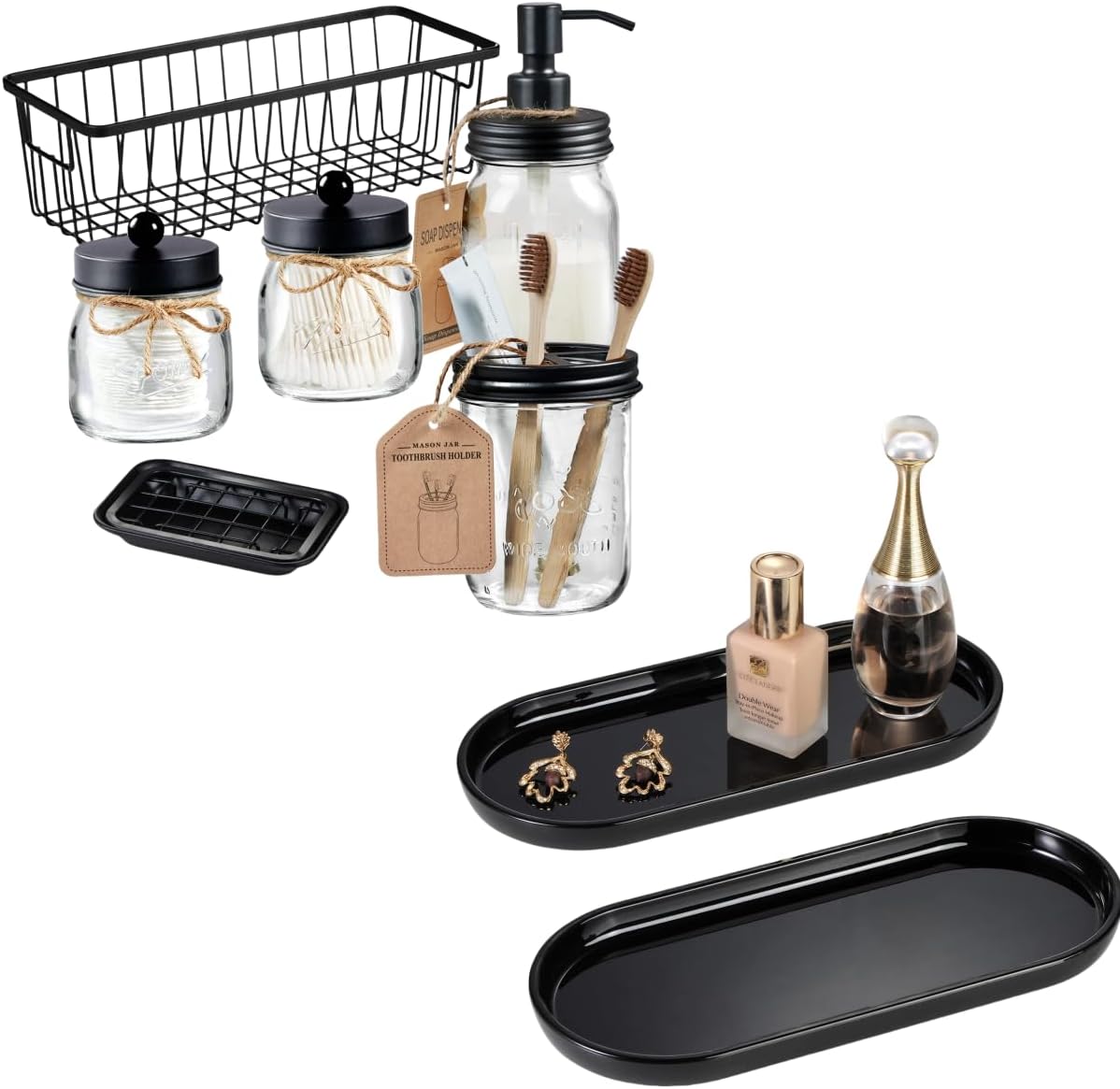 SheeChung 2Pcs Vanity Tray and 6Pcs Mason Jar Bathroom Accessories Set