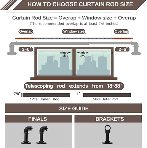 Miniatura 7 de Barras de cortina negras de 18 a 88 pulgadas, barras de cortina industriales, longitud ajustable, tubo de 1 pulgada de diámetro, montaje en pared o