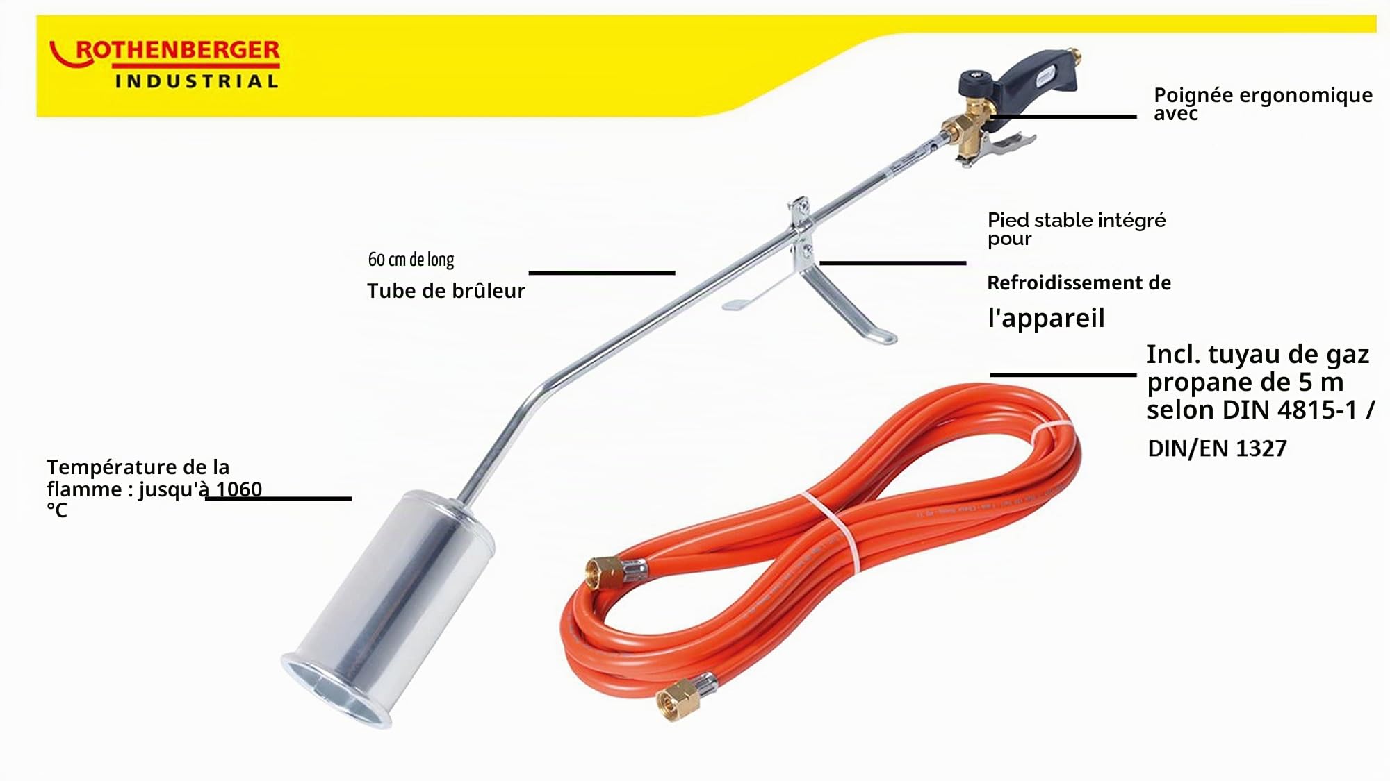ROTHENBERGER Industrial Brûleur à gaz RoMaxi Eco | Brûleur | Désherbeur | Appareil à flamme | Soudage de membranes bitumineuses | Tête de brûleur 57 mm | Inclus : tuyau de gaz propane de 5 m 030958E
