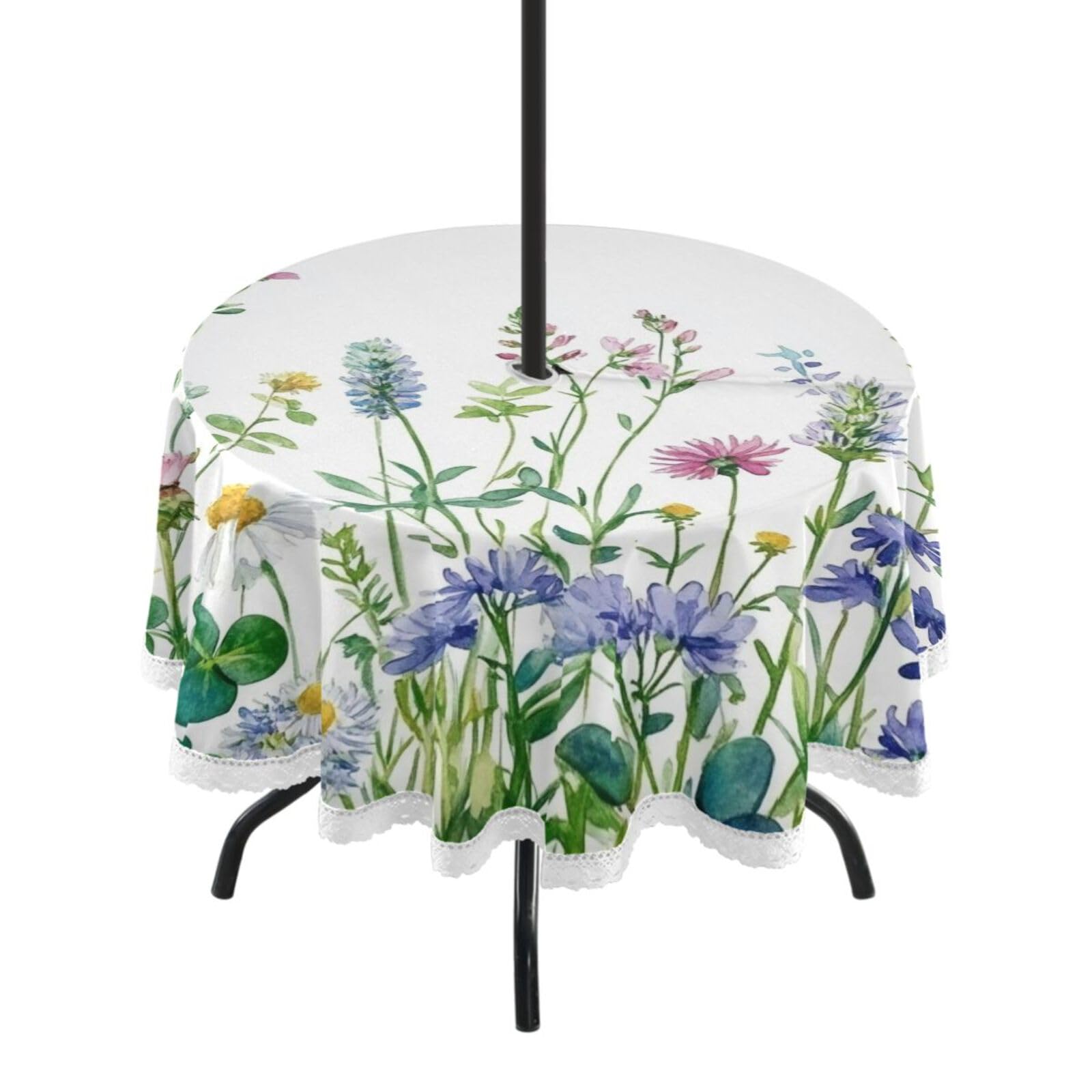 Ttgoth Wildflowers Outdoor Table Cloth 152 cm Water Stain & Resistan Tablecloth Wipeable Table Cover with Parasol Hole & Zipper for Garden Patio Party Picnic