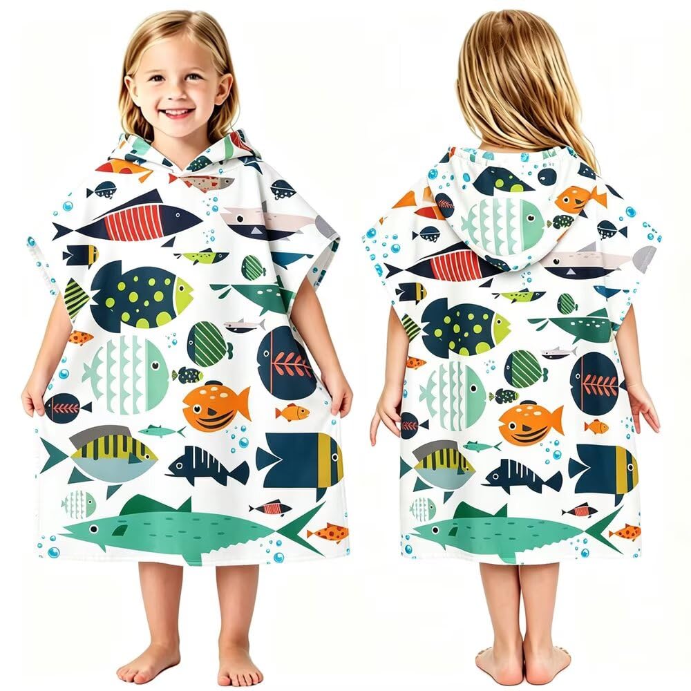 dubuto Kids Beach Towels with Hood for 3-10 Years Hooded Toddler Boys Girls Bath Towel Poncho Absorbent Quick Dry Soft Microfiber Swim Robe Lightweight 25"x32" for Beach Pool