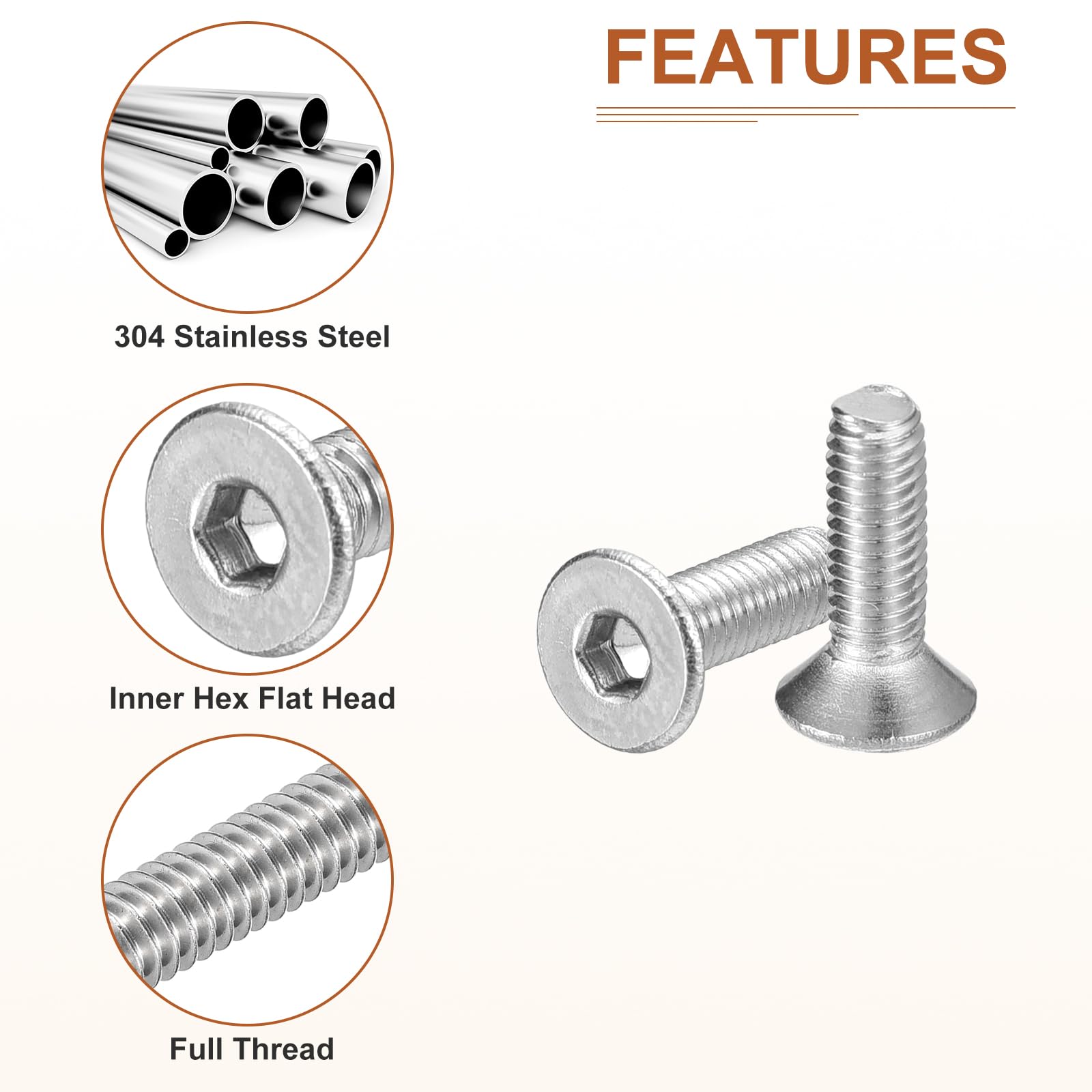 DTGN M3-0.5 x 10mm Flat Head Socket Cap Screws, 100 Pack 304 Stainless Steel Hex Socket Flat Head Screws, Full Thread - Image 4