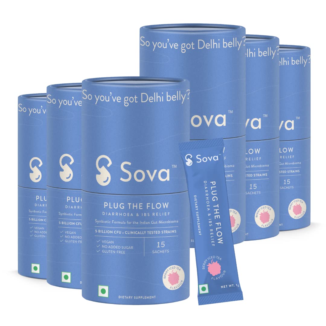Sova Gut Health Supplements for Leaky Gut | IBS Relief | Prevent Loose Stools, Diarrhea, Upset Stomach | Clinically Researched Prebiotics, Probiotics & Digestive Enzymes | 5 Billion CFUs | 90 Vegan Sachets For Men and Women | Plug The Flow - Pack of 3