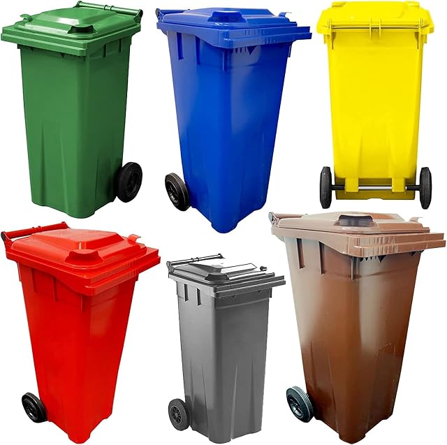 Wheelie Bins Compact 140L Red, Blue, Green, Brown, Grey & Yellow Home Workplace Waste Disposal Bins Ideal for Flats, Garages, Factories, Warehouses With Strong Rubber Wheels & Lids (Grey)