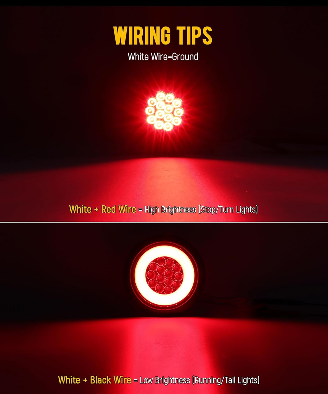 Partsam 4Pcs 4 Inch Round 32 LED Trailer Tail Lights Red with Halo Glow Stop Turn Tail Running Light Lamps Rubber Grommet 3-Prong Wire Pigtails Included, 12-24V, IP67 Waterproof