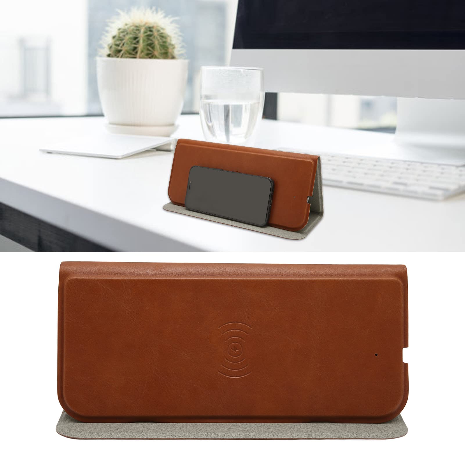 ADITAM Tappetino per Mouse Wireless Caricabatterie Wireless, Tappetino per Mouse a 3 Pieghe, Dispositivo di Protezione Integrato, Standard Qi, Design Leggero e Portatile (Marrone) Double The