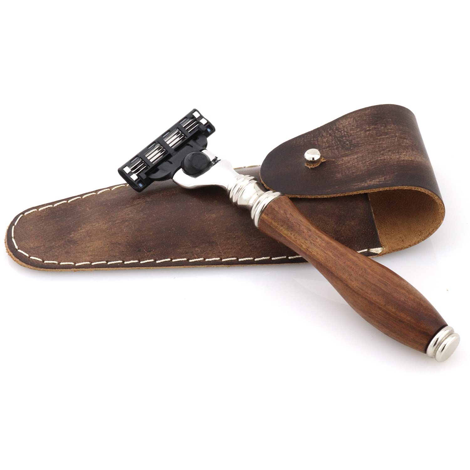 Jag Shaving Rasierset - Nachhaltige 4-teiliges Rasierset aus Holz - Synthetik Silberspitzhaar Rasierpinsel - 3 Rasierklingen Rasierhobel - Rasierständer - Ledertasche für Rasierhobel