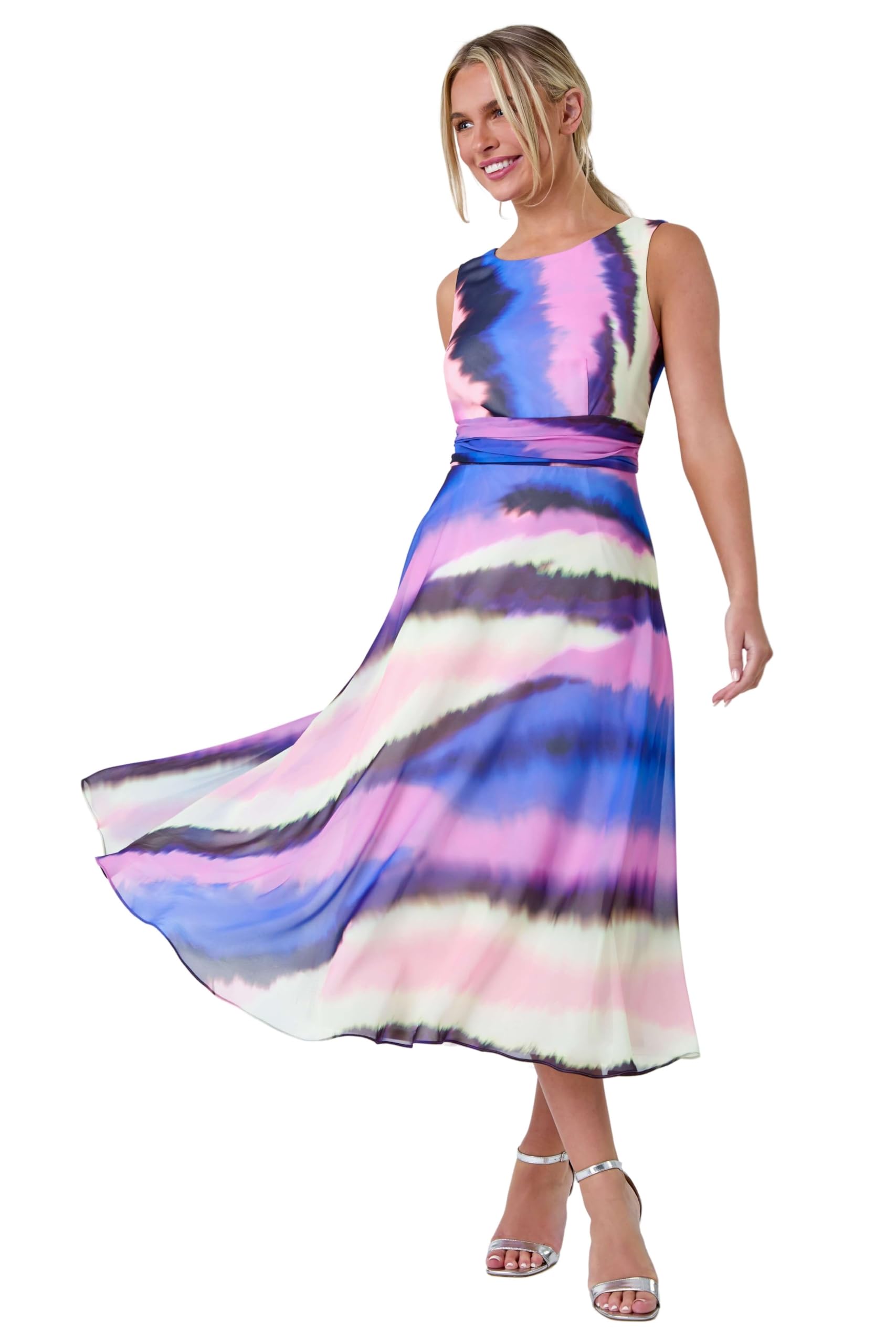 Roman Petite Women's Purple Sleeveless Abstract Print Midi Dress Size 16
