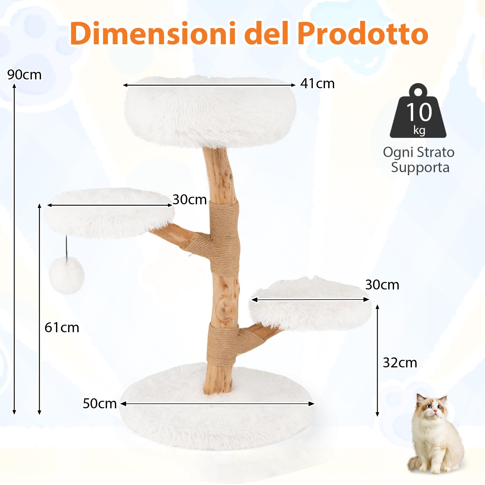 COSTWAY Albero per Gatti 90 cm, Torre per Gatti in Legno con Piattaforma in Tessuto in Pile Lungo, Tiragraffi in Juta e Pallina Pendente, Cuccia per Animali Domestici (Bianco)